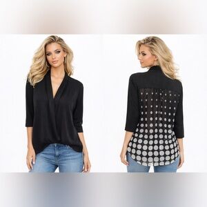 CHICO'S BLACK OPEN FRONT Polka-Dot Chiffon Back TOP JACKET Cardigan Size Medium